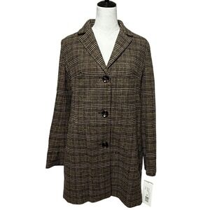 Maralyn & Me Coat Jacket Women Large Brown Plaid Tweed Button Front Wool NEW